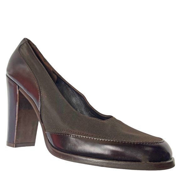 VIA SPIGA Neiman Marcus Brown Textile Leather Block‎ Heel Pumps - Picture 2 of 11